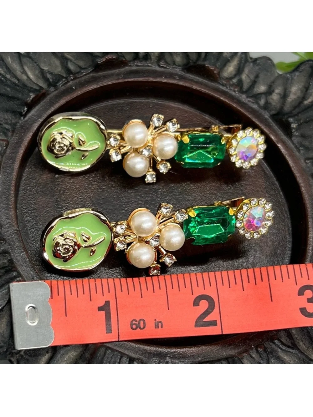 Gold-Tone Green Crystal & Pearl Hair Clips FINAL PRICE DROP